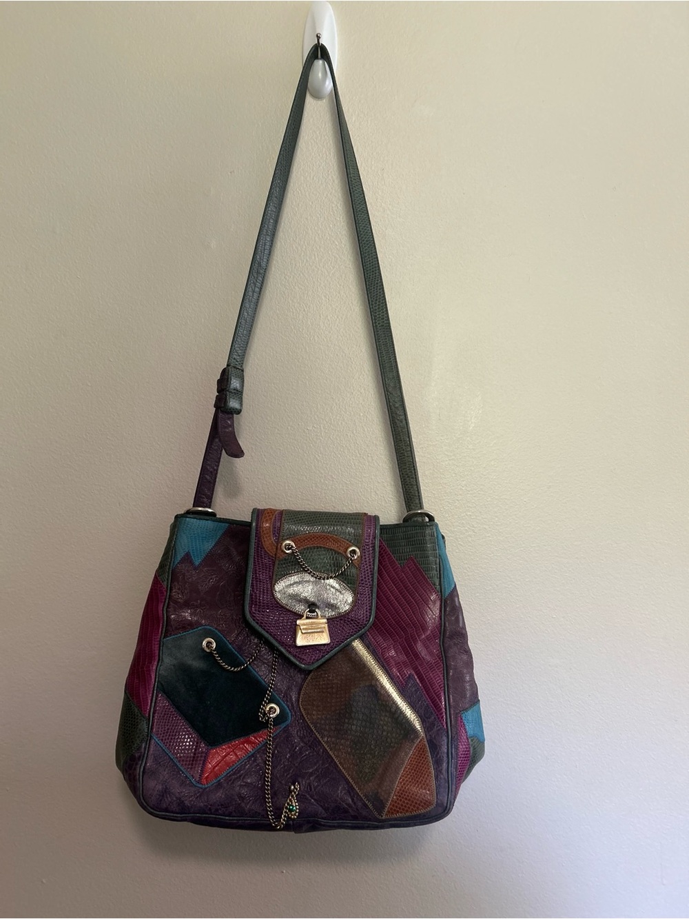Vintage Sharif USA Patchwork Leather Shoulder Bag Boho Colorful 80s Purse